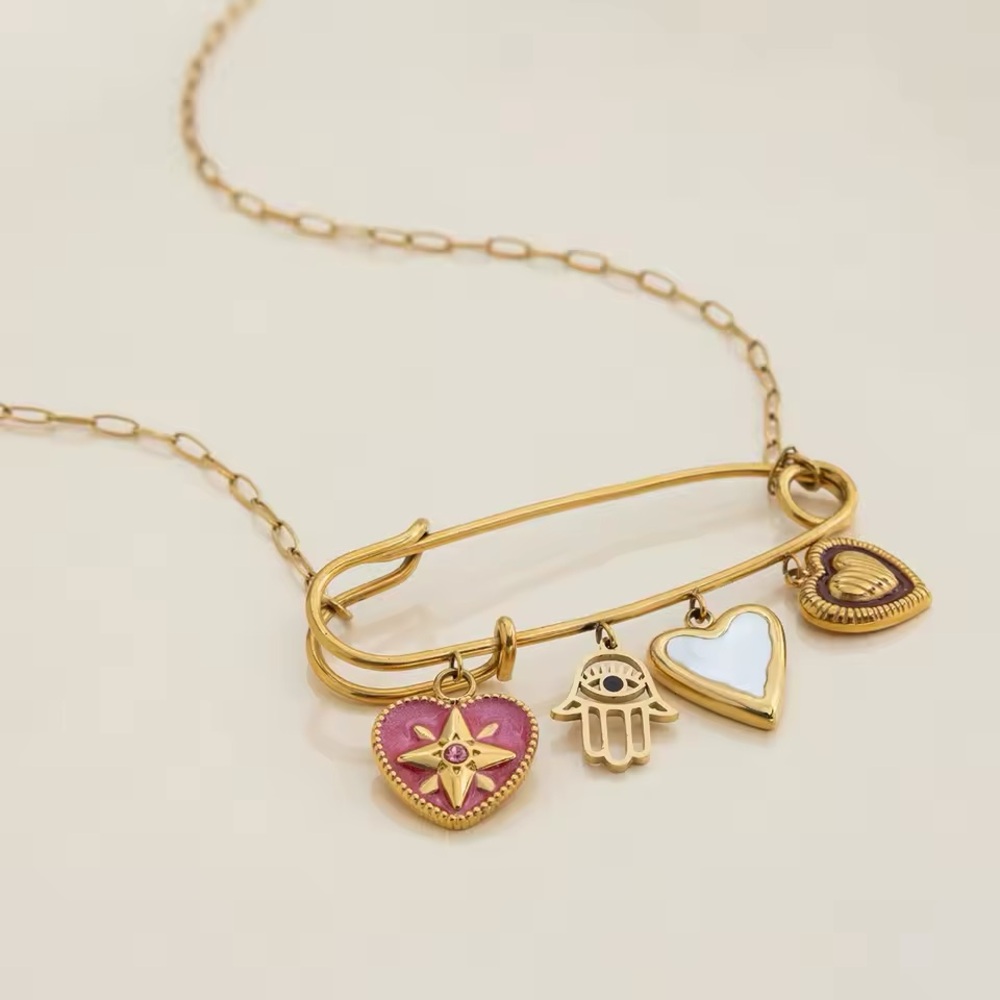 Good Luck & Eternal Love Talisman Necklace – Star,‎ Hamsa & Heart Charms
